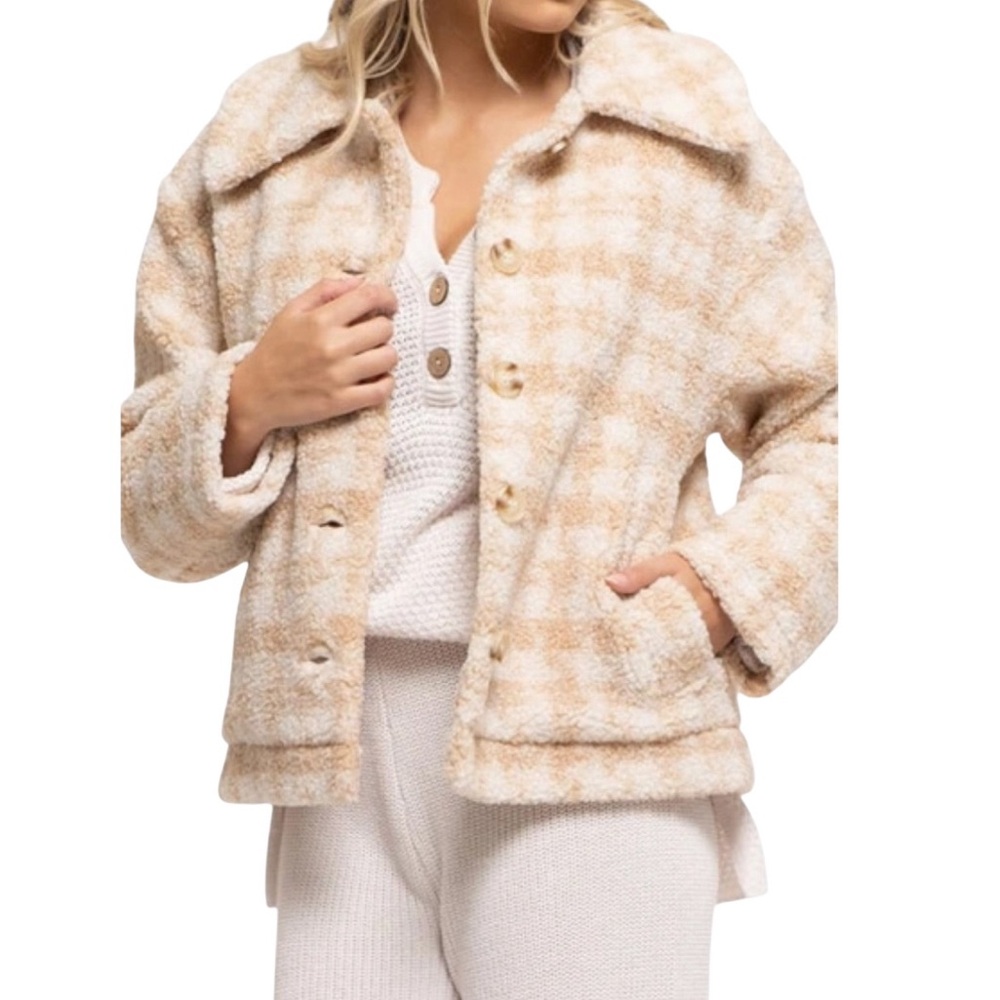 Blu Pepper Sherpa Jacket  Houndstooth faux shearling small Beige cozy soft